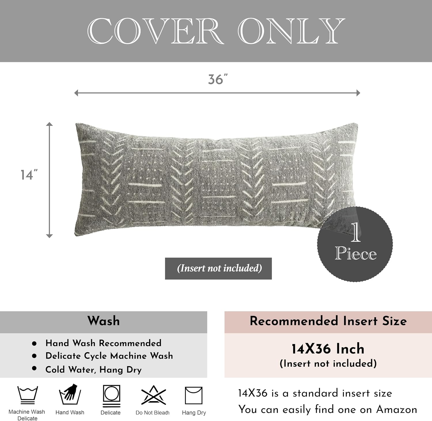 BlissBlush Decorative Long Lumbar Pillow Cover 14x36 for Bed, Light Gray Soft Woven Chenille Accent Pillow Cover for Bedroom Couch Sofa…