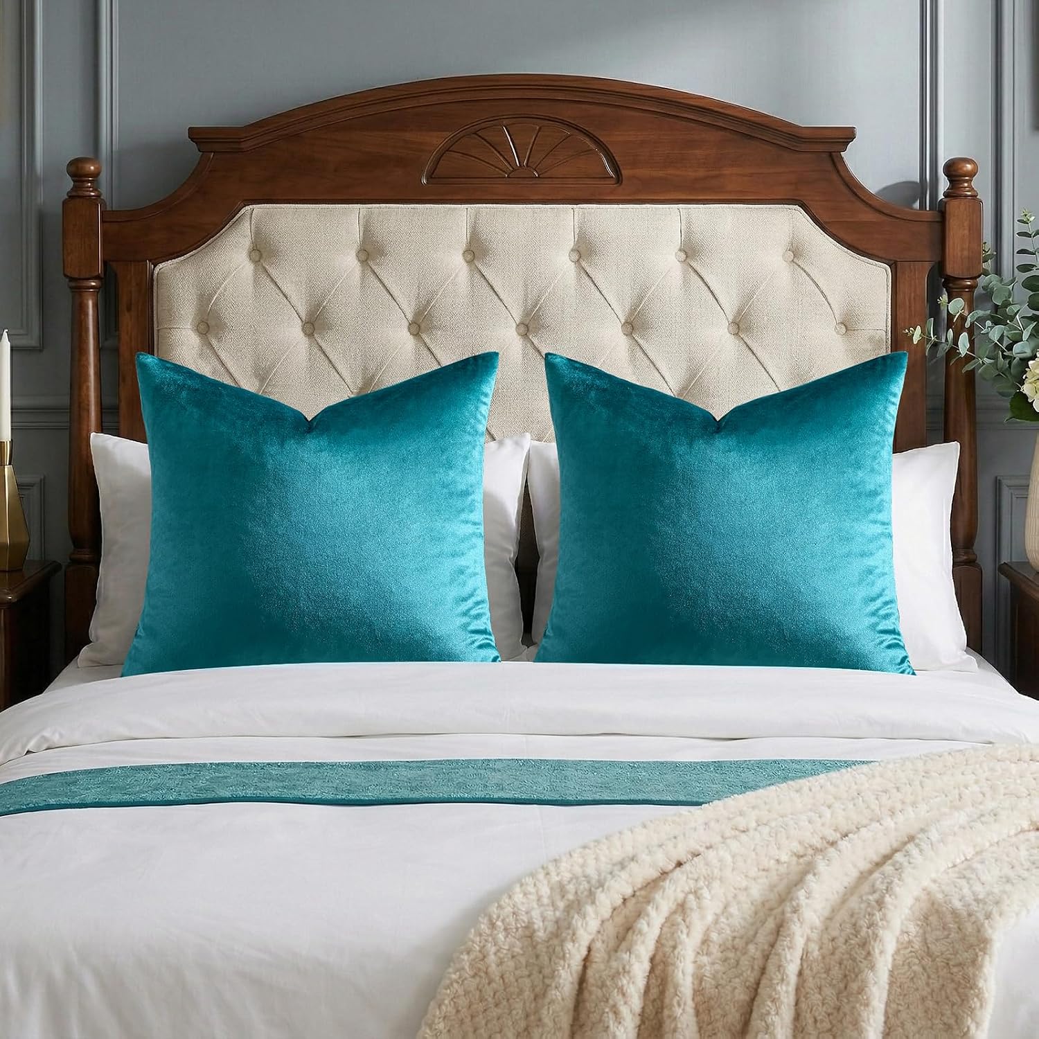 GIGIZAZAFocusingonhomedecoration GIGIZAZA Decorative Throw Pillow Covers 26x26, Set of 2 Teal Peacock Green Square Couch Pillow Covers, Velve…