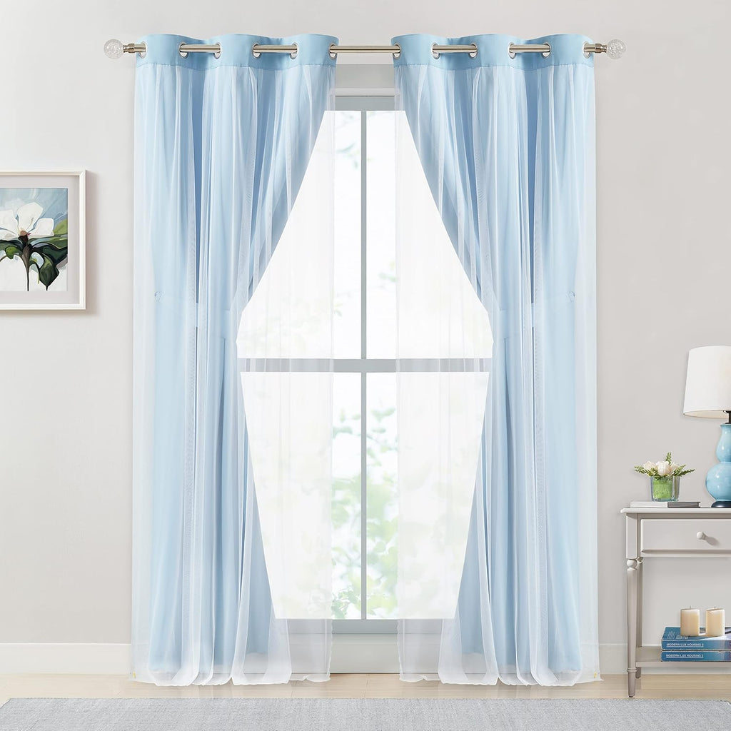 Bujasso Sky Blue 80% Blackout Curtains with Sheer Overlay Mix and Match Double Layer Thermal Insulated Window Panels 63 inch for Living Roo…