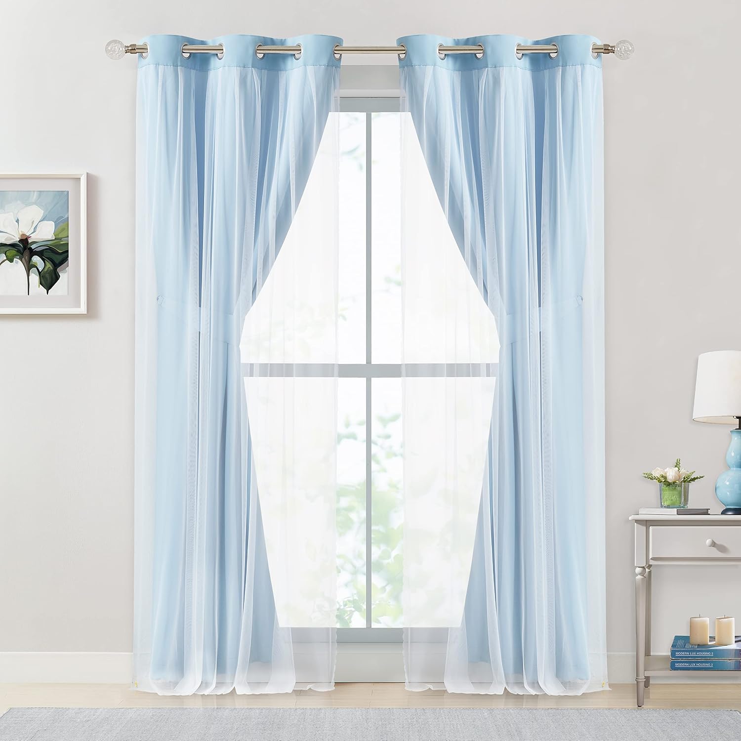 Bujasso Sky Blue 80% Blackout Curtains with Sheer Overlay Mix and Match Double Layer Thermal Insulated Window Panels 63 inch for Living Roo…