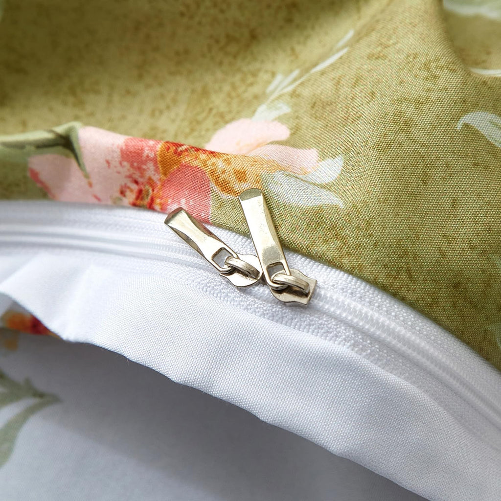 mixinni Duvet Cover King Size, Long Staple Cotton Reversible Green Floral Duvet Cover Set with Zipper Ties, 3 Pieces Botanical Pink Flowers…