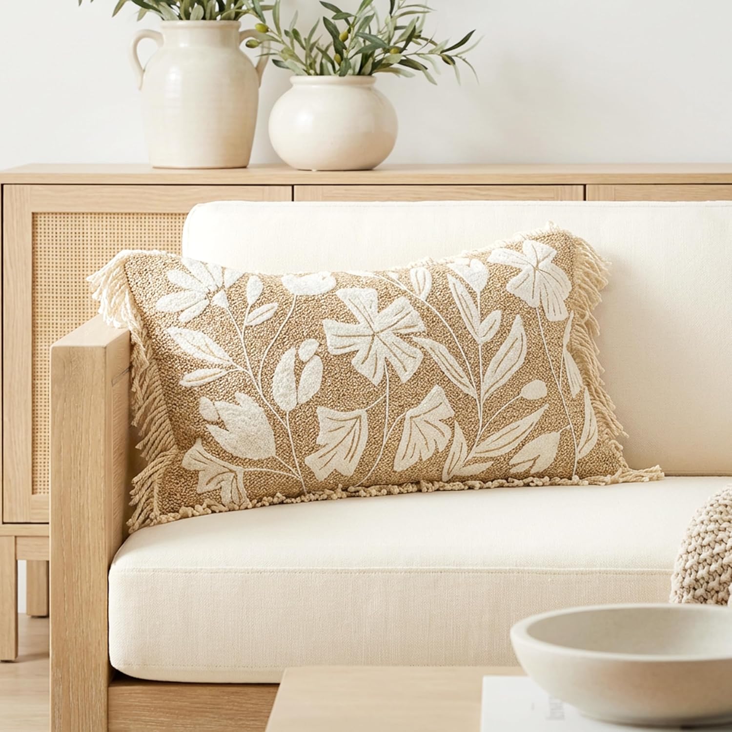 BlissBlush Jute Decorative Spring Accent Lumbar Throw Pillow Cover 12X20, Neutral Floral Farmhouse Textured Pillowcase for Couch Sofa…