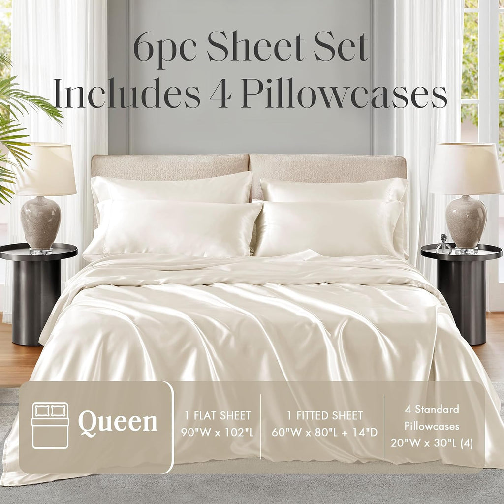 Madisonpark Madison Park Essentials Polyester Satin 6 Piece Sheet Set with Ivory MPE20-904, Queen