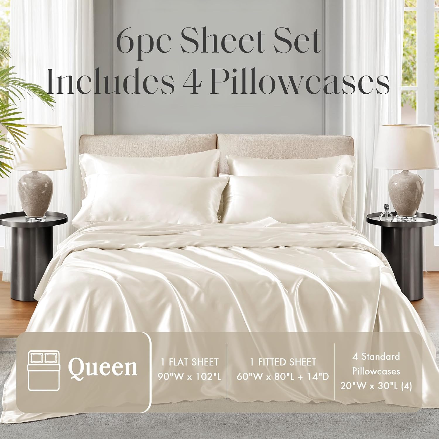 Madisonpark Madison Park Essentials Polyester Satin 6 Piece Sheet Set with Ivory MPE20-904, Queen