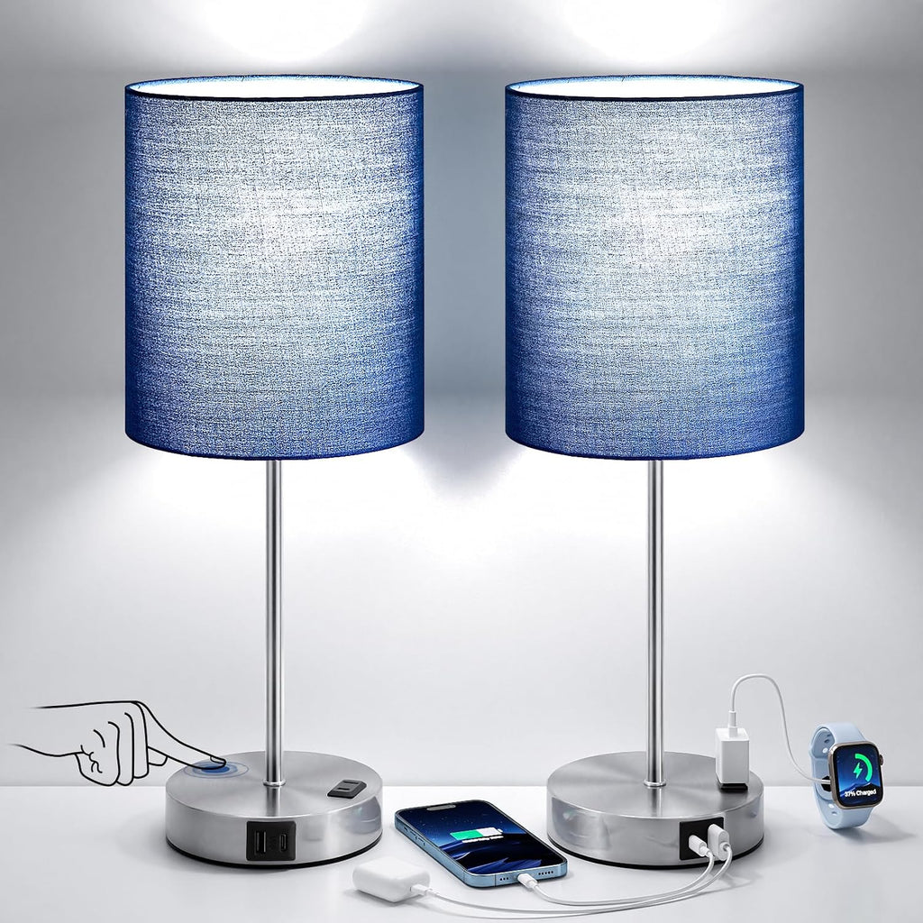 Fenmzeelighting Blue Touch Lamps for Nightstand Set of 2 - Bedside Table Lamp for Bedroom with Dual USB Ports & AC Outlet, 3-Way Dimmable L…