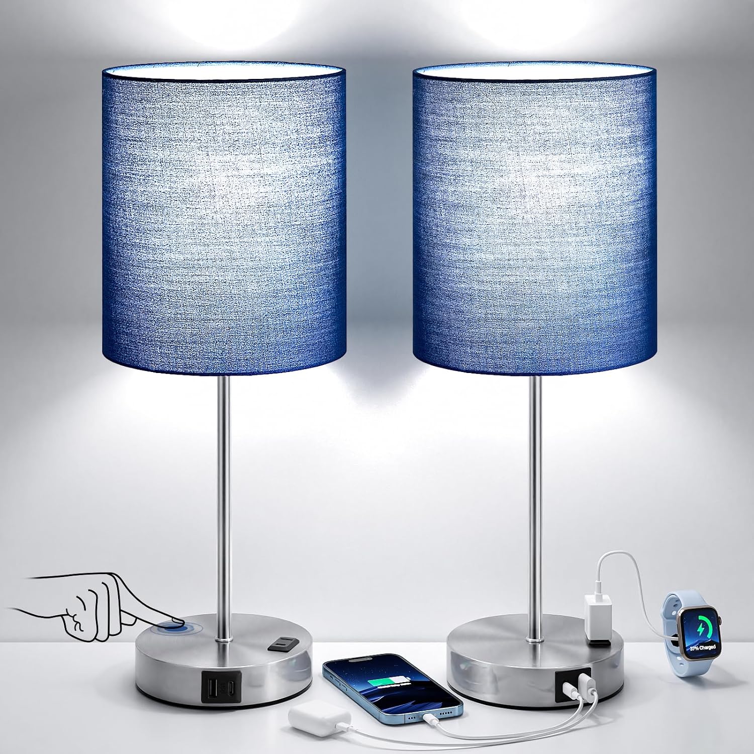 Fenmzeelighting Blue Touch Lamps for Nightstand Set of 2 - Bedside Table Lamp for Bedroom with Dual USB Ports & AC Outlet, 3-Way Dimmable L…