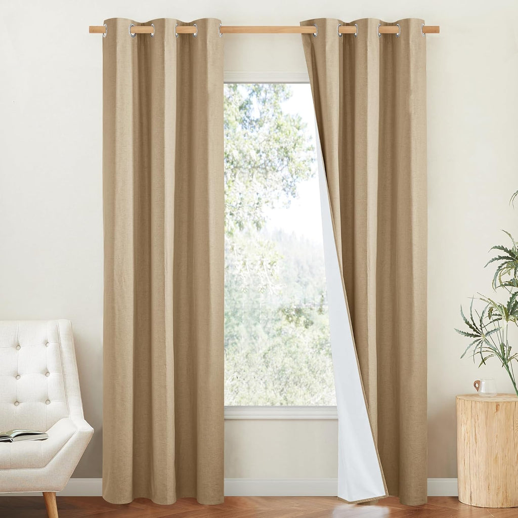 NICETOWN 100% Absolutely Blackout Linen Curtains with Thermal Insulated White Liner, Camel, W42 x L84, 2 Panels, Long Curtains 84 inch…