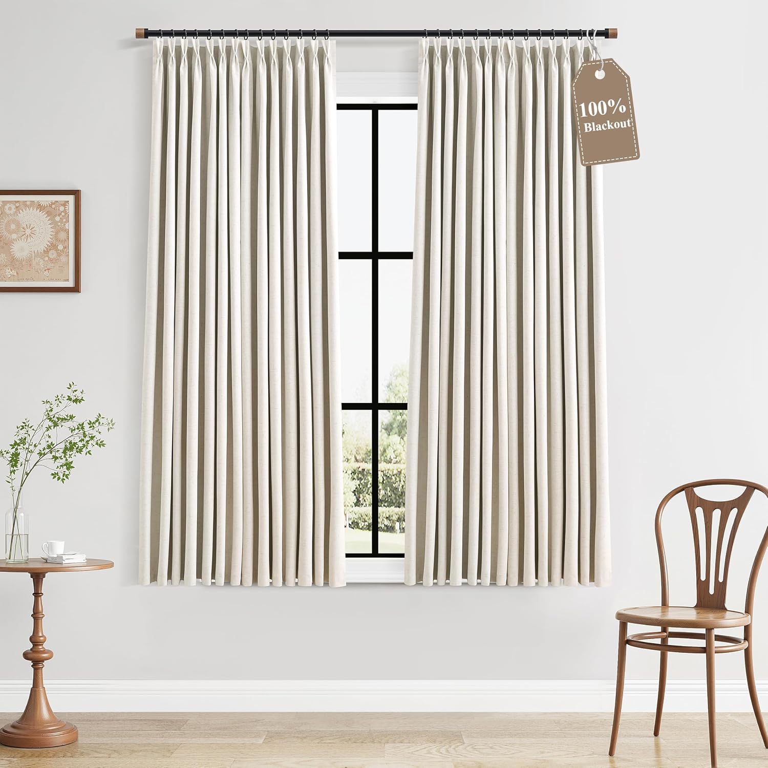 Boodii Natural Cream 100% Blackout Linen Pinch Pleated Curtains 60 Inches Long Light Blocking for Kitchen Window Back Tab Boho Memory Train…