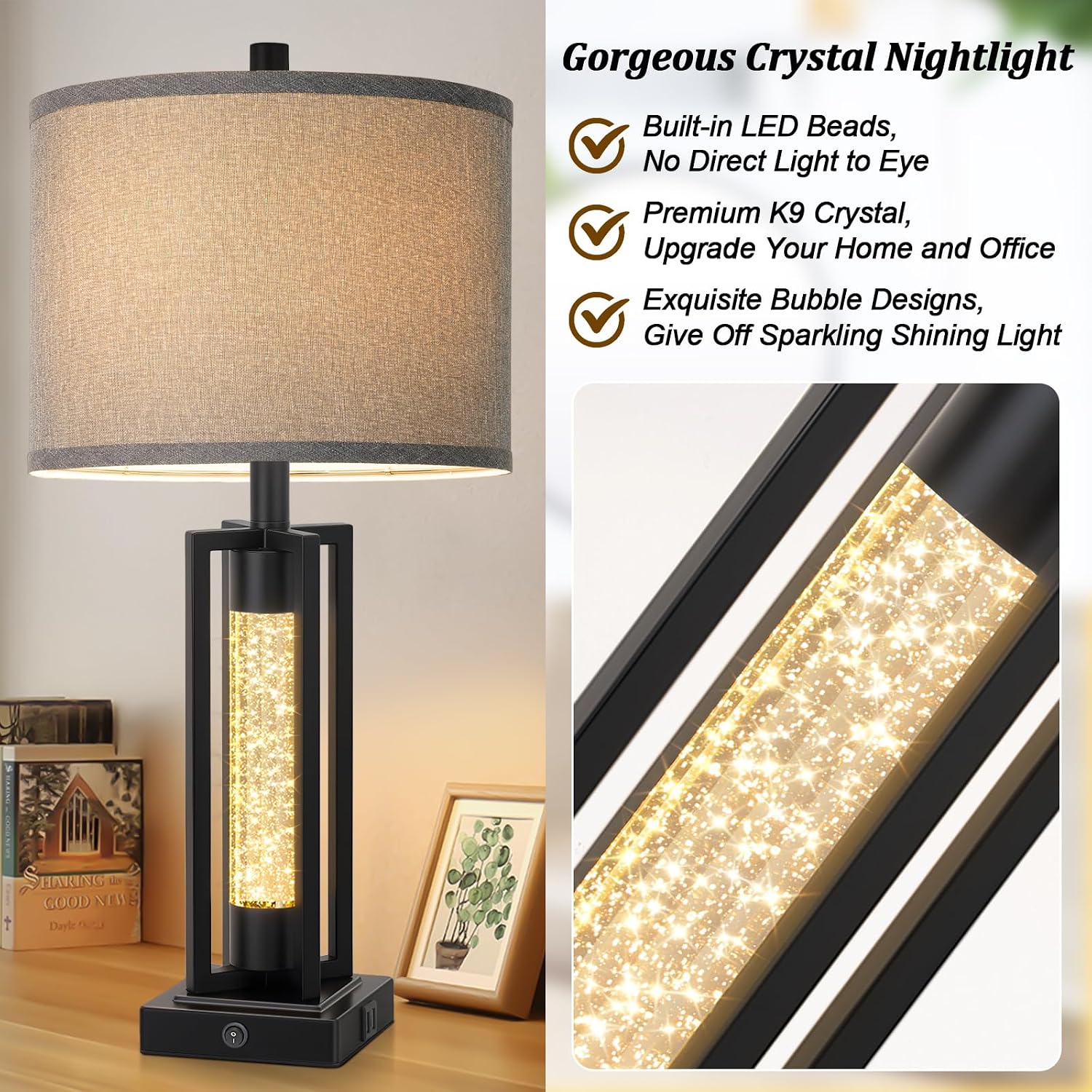 Tobusa 26’’ Farmhouse Table Lamps for Living Room Set of 2, Modern Nightstand Lamps with Crystal Night Light & 2 USB Ports, Vintage Home De…