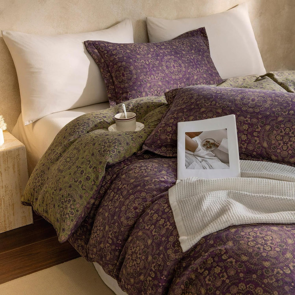 mixinni Purple Green Floral Duvet Cover King Size, Elegant Double-Layer Yarn Cotton Vintage Duvet Cover Set, Exquisite Jacquard Design Bedd…