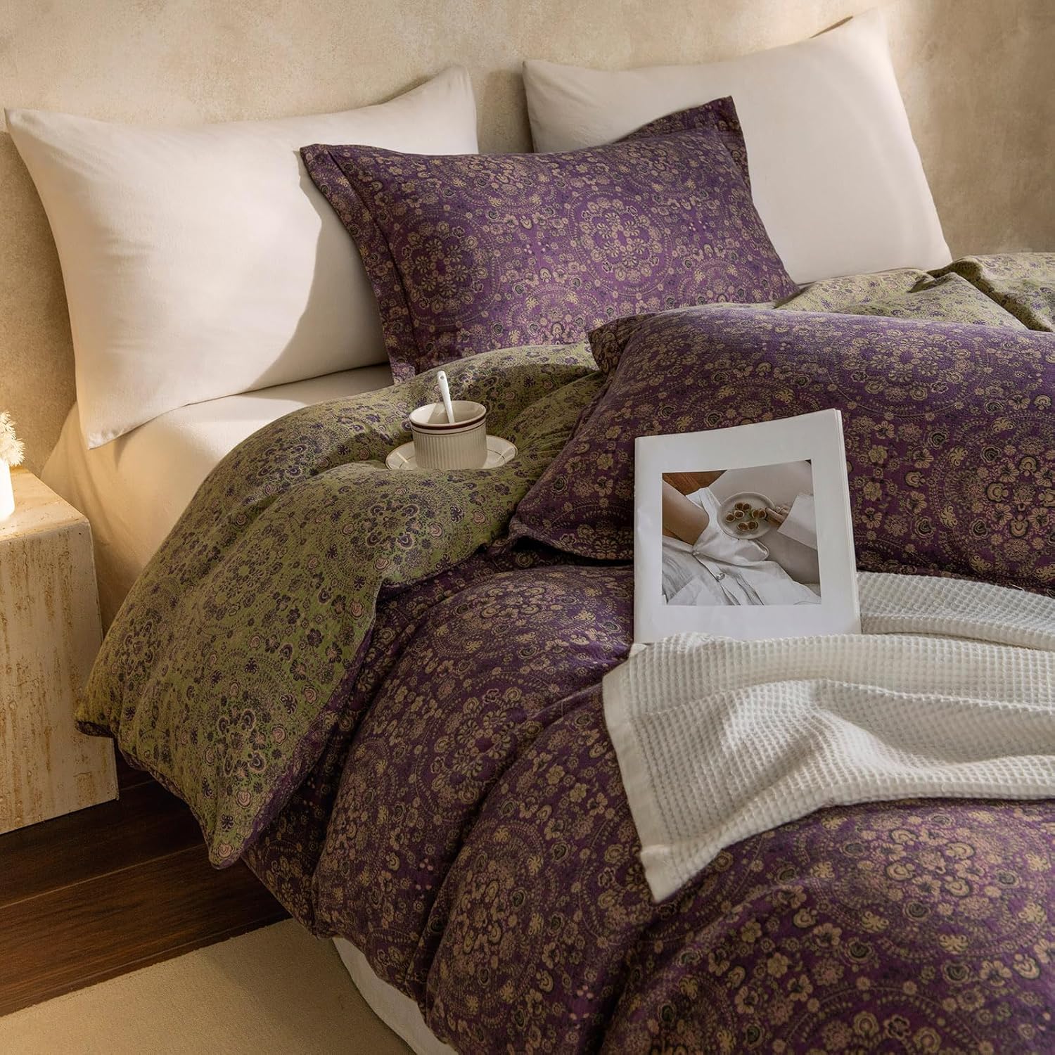 mixinni Purple Green Floral Duvet Cover King Size, Elegant Double-Layer Yarn Cotton Vintage Duvet Cover Set, Exquisite Jacquard Design Bedd…