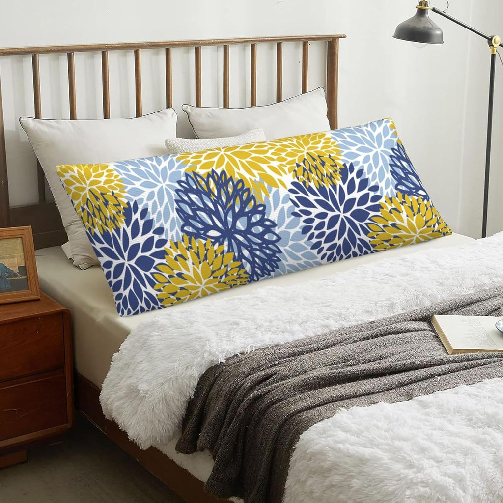 Sovvin Blue Yellow and Navy Chrysanthemum Flowers Body Pillow Cover Floral Long Pillow Case with Zipper Decorative Soft Cushion Bedd…
