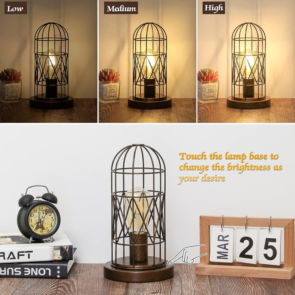 Seaside village Small Touch Lamp, Industiral Bedside Table Lamps with Antique Bronze Cage, 3 Way Dimmable Nightstand Steampunk Edison…