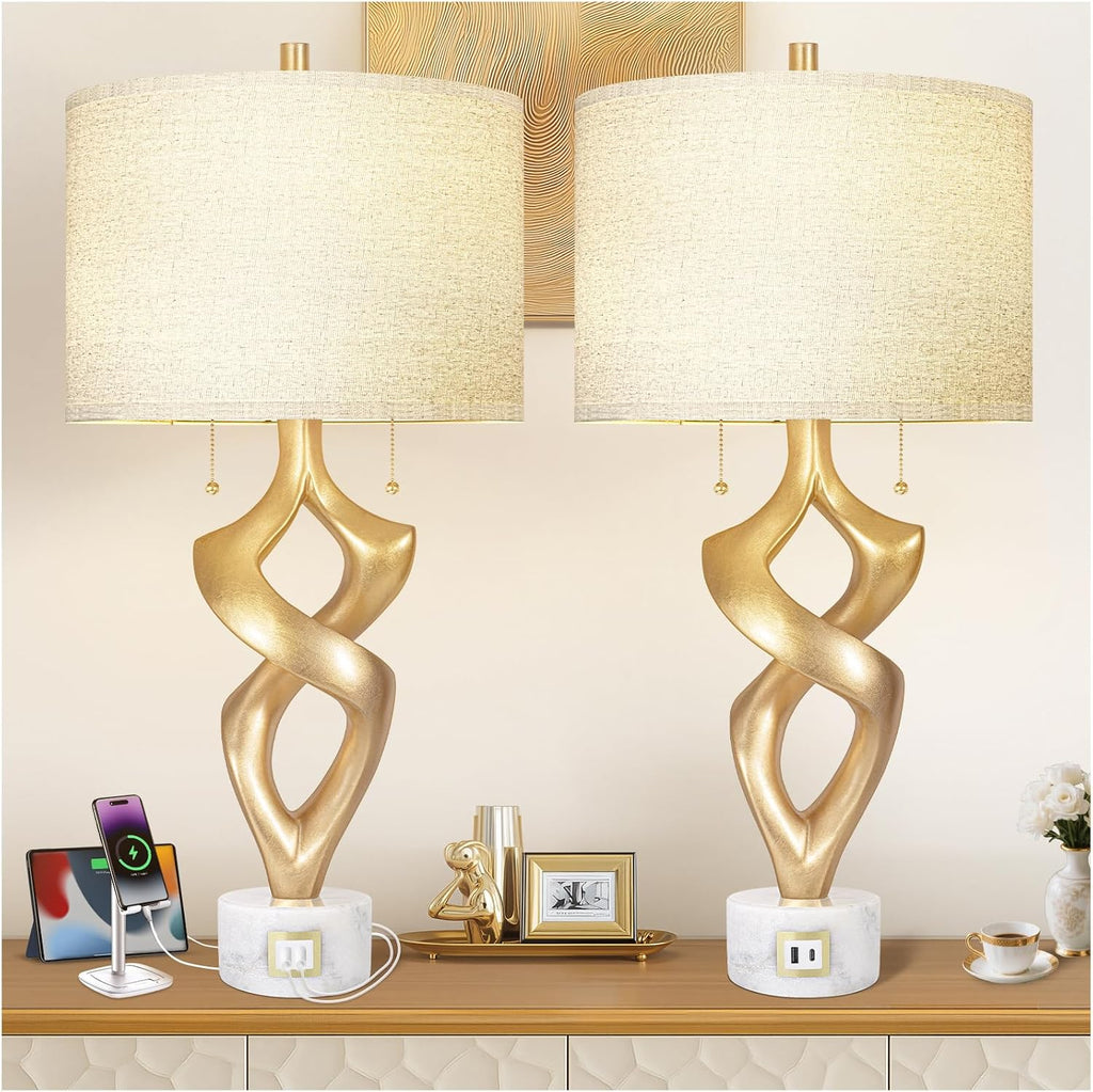 Scenekoy Sculptural Resin Table Lamp Set of 2 with USB Ports for Bedroom Living Room, 31” Big Gold Leaf Marble Base Bedside Lamps, Pull…