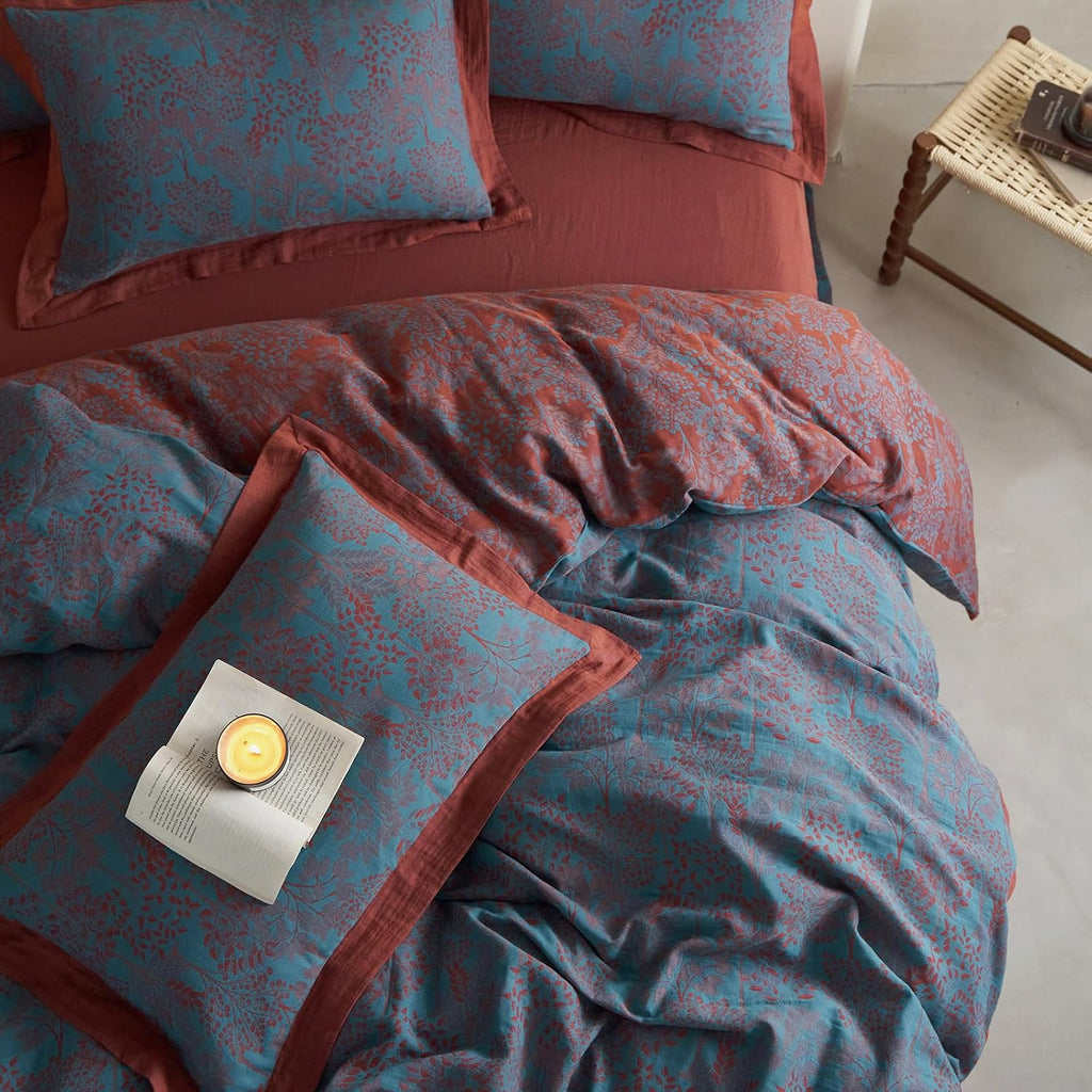 mixinni Muslin Cotton Vintage Blue Floral Duvet Cover Queen Size 3pcs Yarn Dyed Burgundy Jacquard Weave Bedding Comforter Cover Soft Breath…