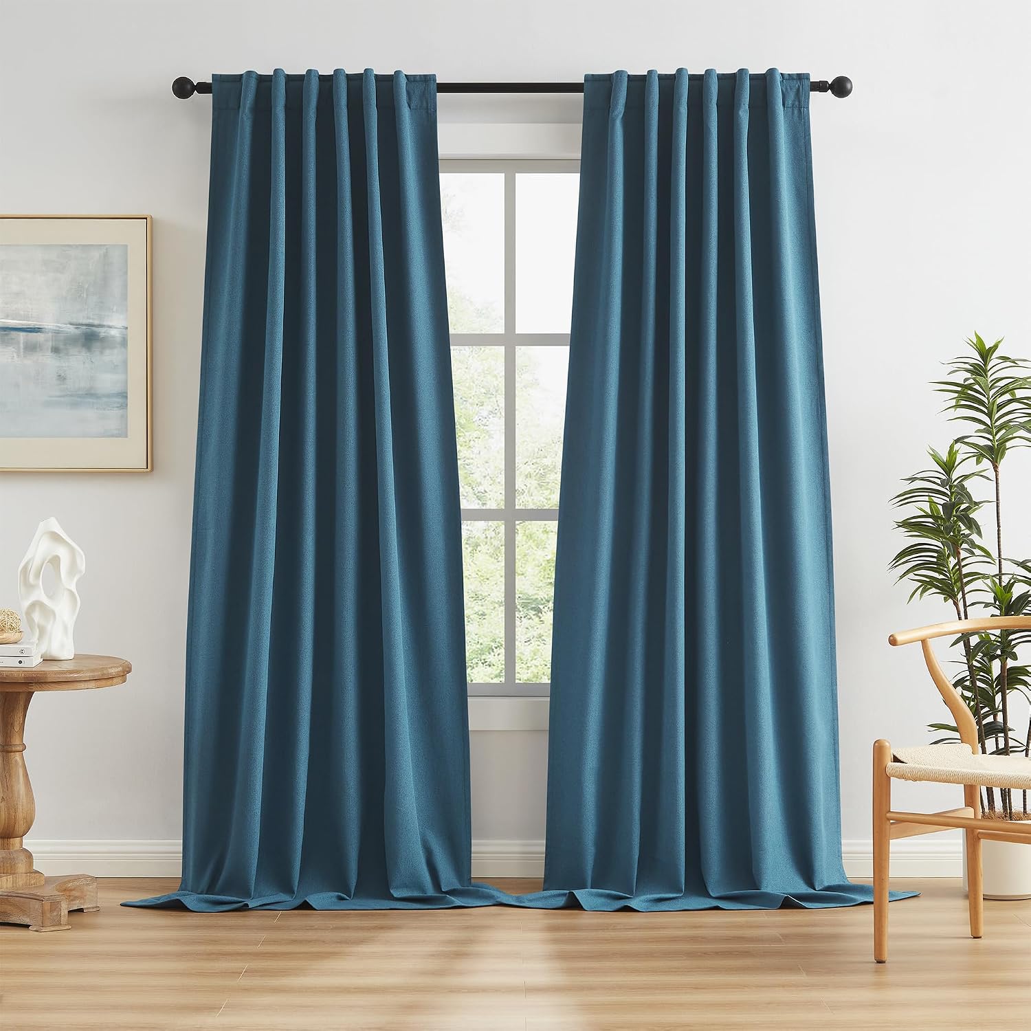 Keqiaosuocai Extra Long 132 Inch Linen Blackout Curtains 2 Panels, Rod Pocket/Back Tab/Hook Belt Full Light Blocking Tall Curtains for Trac…
