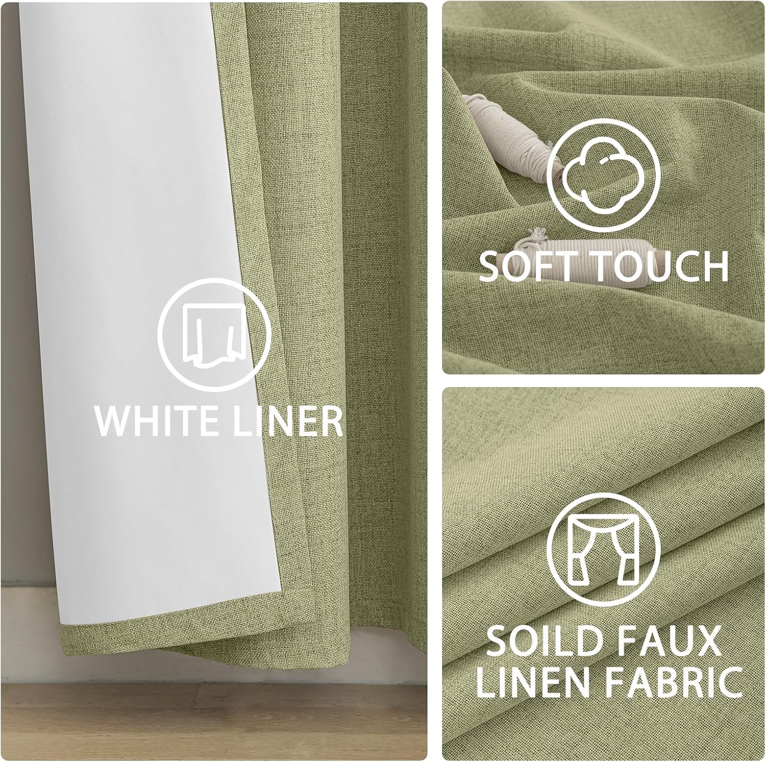 Yakamok Linen Sage Curtains 100% Blackout 84 Inches Long, Room Darkening Textured Drapes for Living Room Thermal Grommet Bedroom Curtains 2…