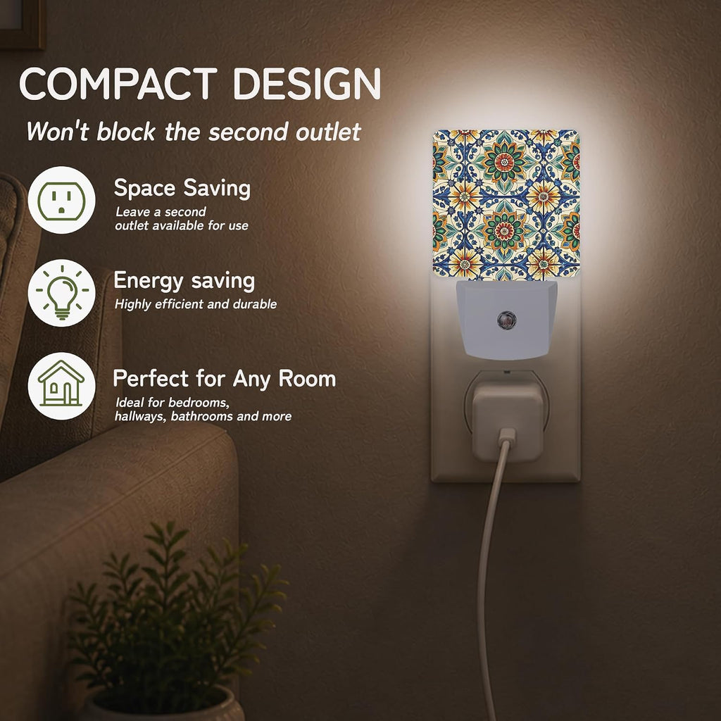 Mediterranean Floral Tile Night Lights Plug into Wall, Night Light with Dusk to Dawn Sensor for Bedroom Bathroom Kitchen Hallway Stairs…