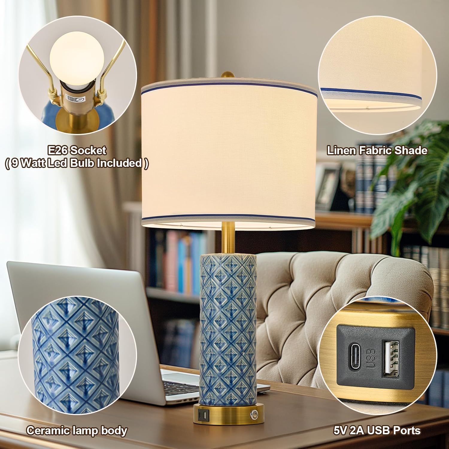 Set of 2 Table Lamp for Living Room Bedroom Farmhouse,26'' Touch Control Bedroom Aqua Blue Ceramic Lamps 3-Way Dimmable Bedside Lamps…