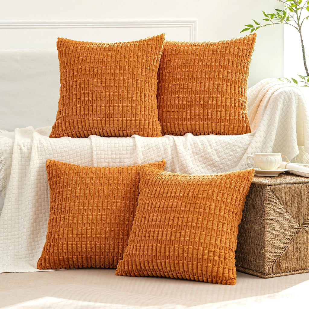 Miulee Pack of 4 Fall Burnt Orange Corduroy Decorative Throw Pillow Covers 18x18 Inch Soft Boho Striped Pillow Covers Modern Farmhouse Home…