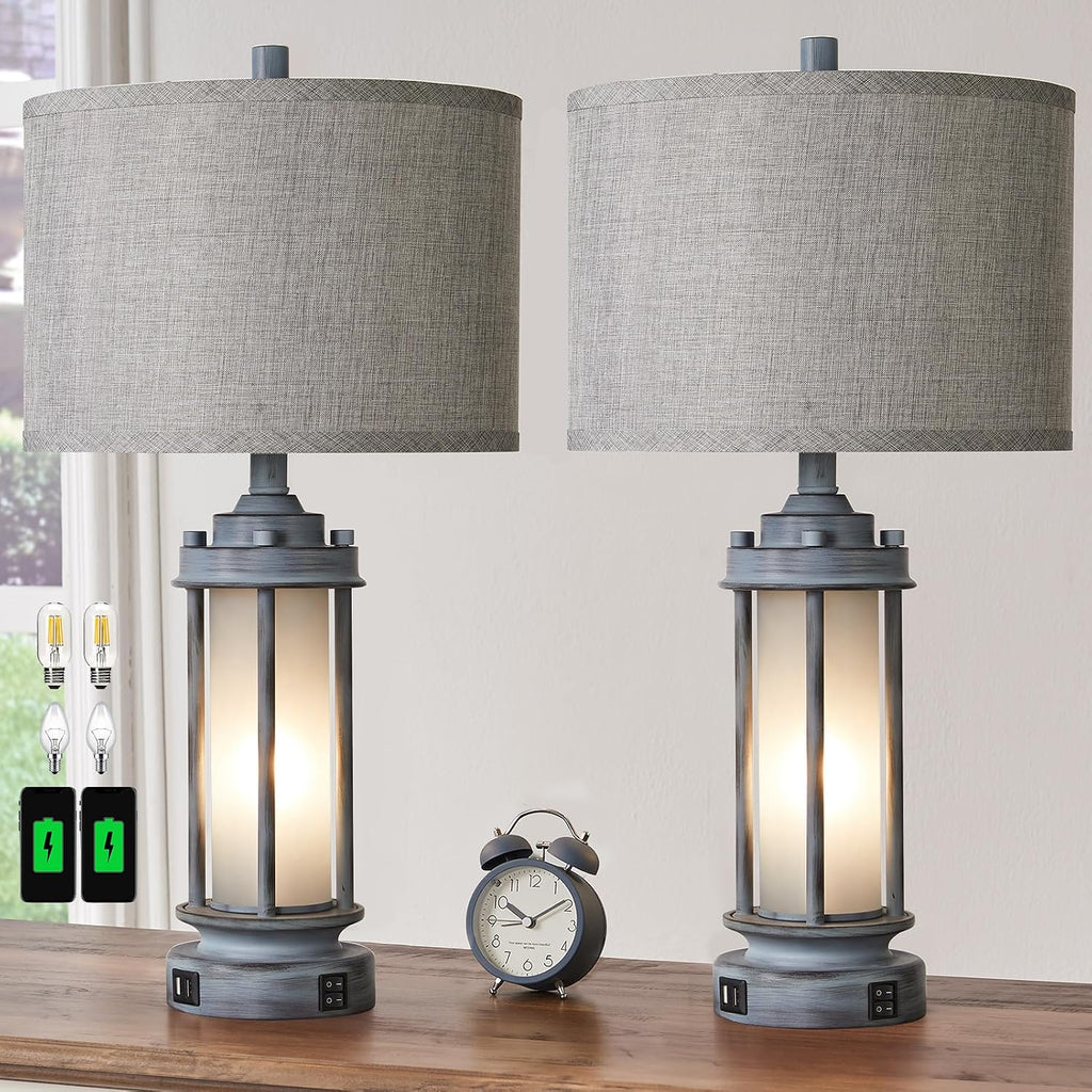 AIEAMPDO Set of 2 Rustic Table Lamps for Living Room, Farmhouse Vintage Nightstand Lamp with 2 USB Ports, Antique Retro Light Green Glass…