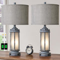 AIEAMPDO Set of 2 Rustic Table Lamps for Living Room, Farmhouse Vintage Nightstand Lamp with 2 USB Ports, Antique Retro Light Green Glass…