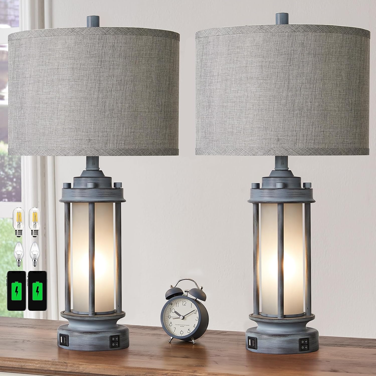 AIEAMPDO Set of 2 Rustic Table Lamps for Living Room, Farmhouse Vintage Nightstand Lamp with 2 USB Ports, Antique Retro Light Green Glass…