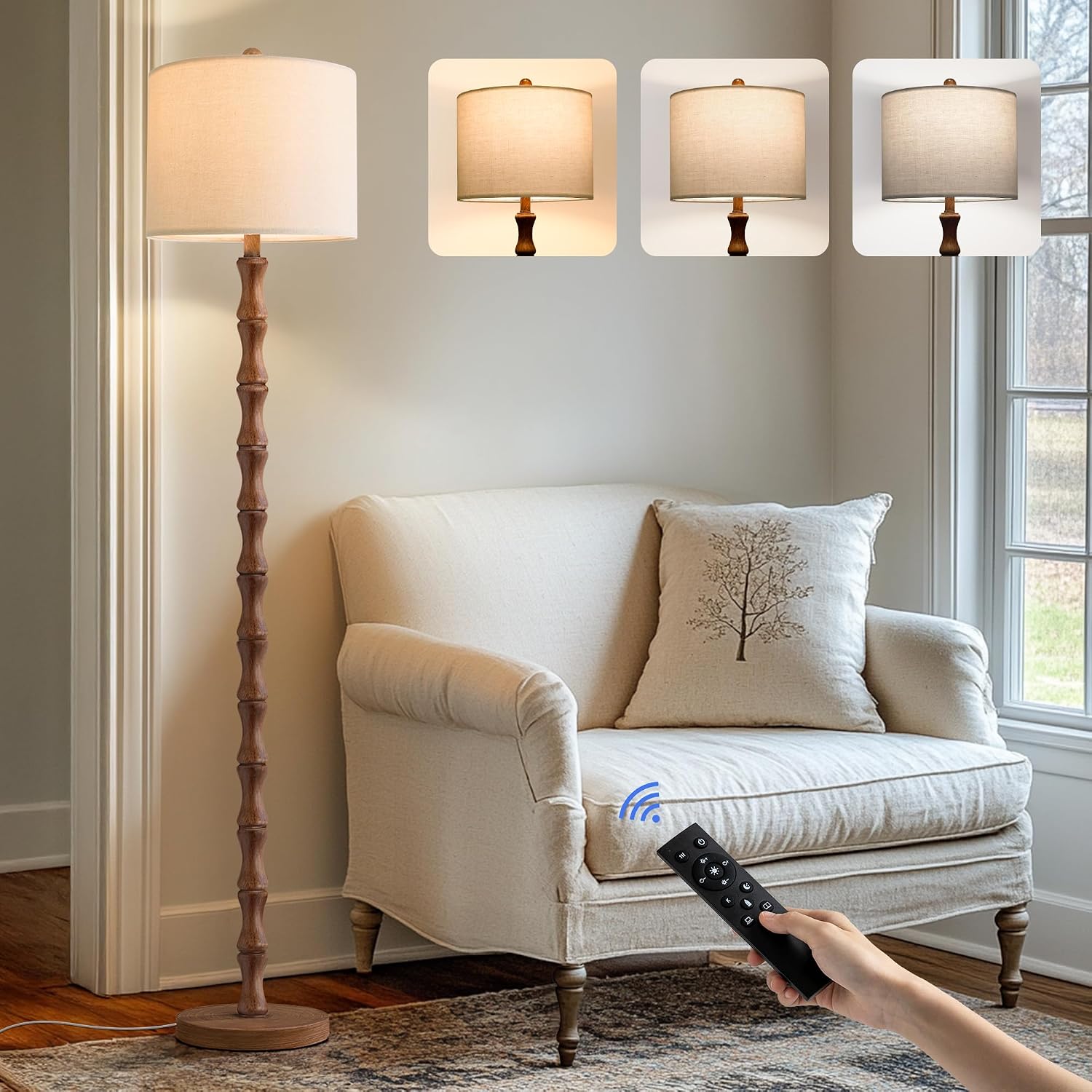 BOBOMOMO 62" Rustic Farmhouse Floor Lamp with Remote & Dimmable 9W Bulb, 3 Color Temperatures Tall Resin Standing Lamp, Retro Floor Lamp…