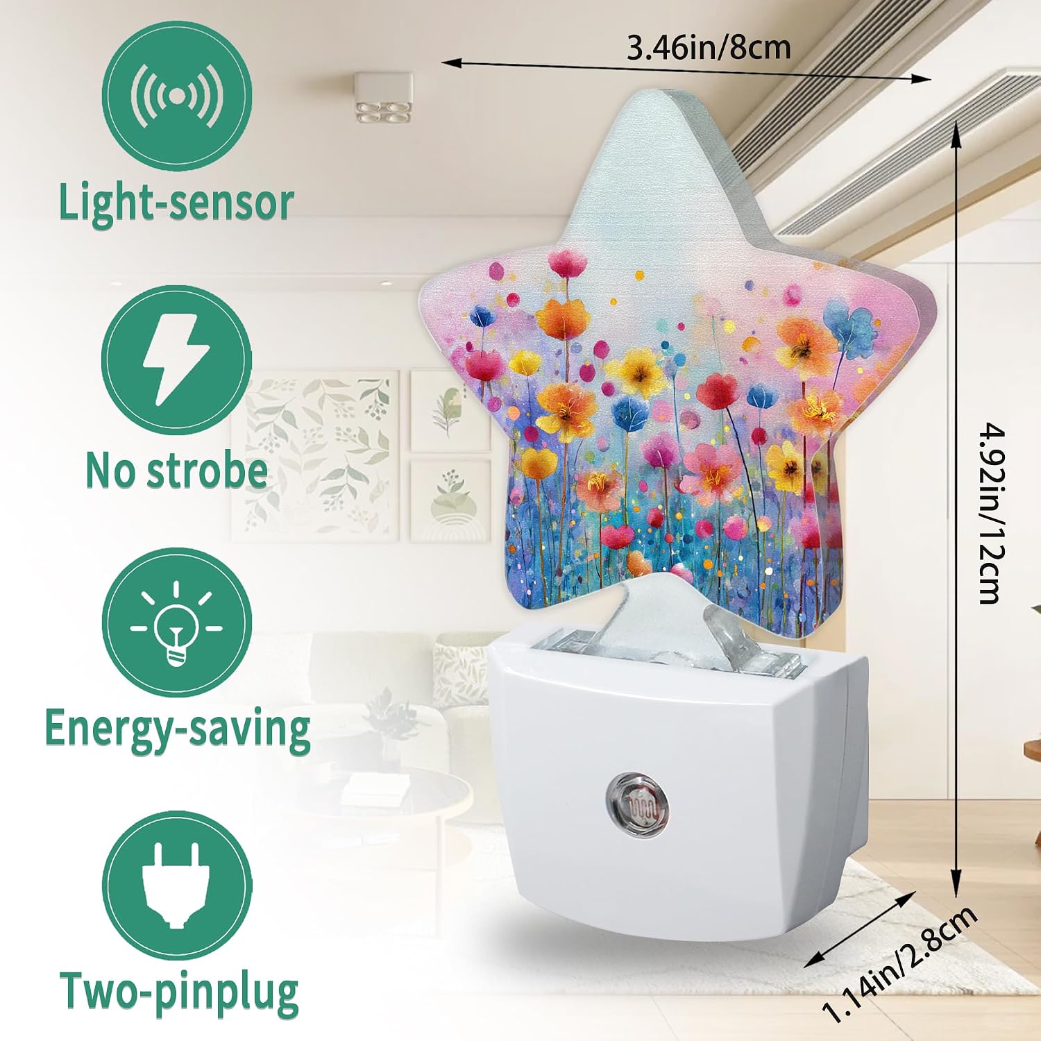Watercolor Floral Star Night Light Plug in, Decorative Night Light for Kids Room Nursery Bedroom, Soft Glow Sensor Lamp for Hallway…