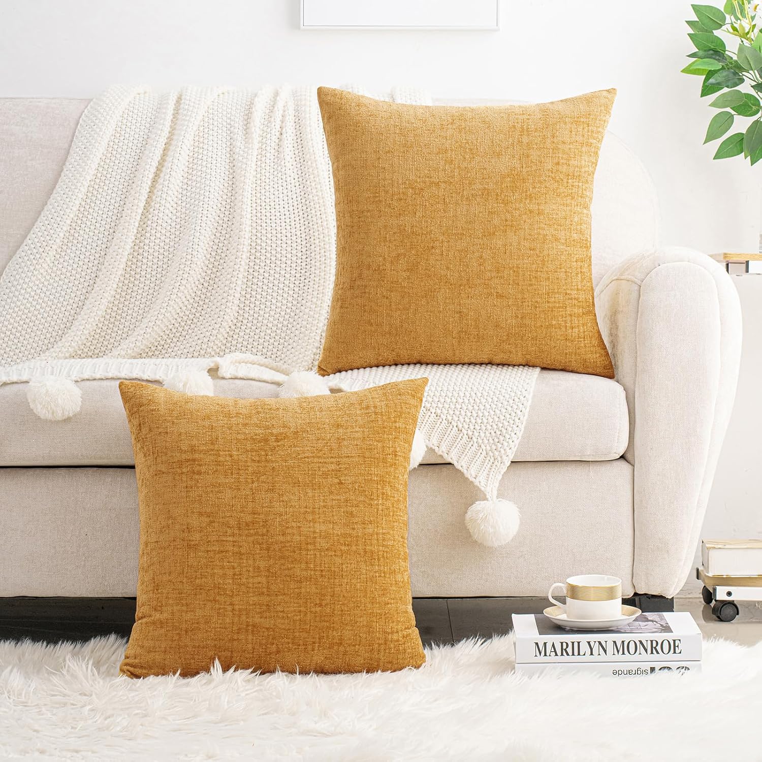 Hwy50 HWY 50 Gold Couch Pillow Covers 18x18 Inch Pack of 2, Soft Chenille Decorative Throw Pillow Cases Farmhouse for Sofa Living Room Bed…