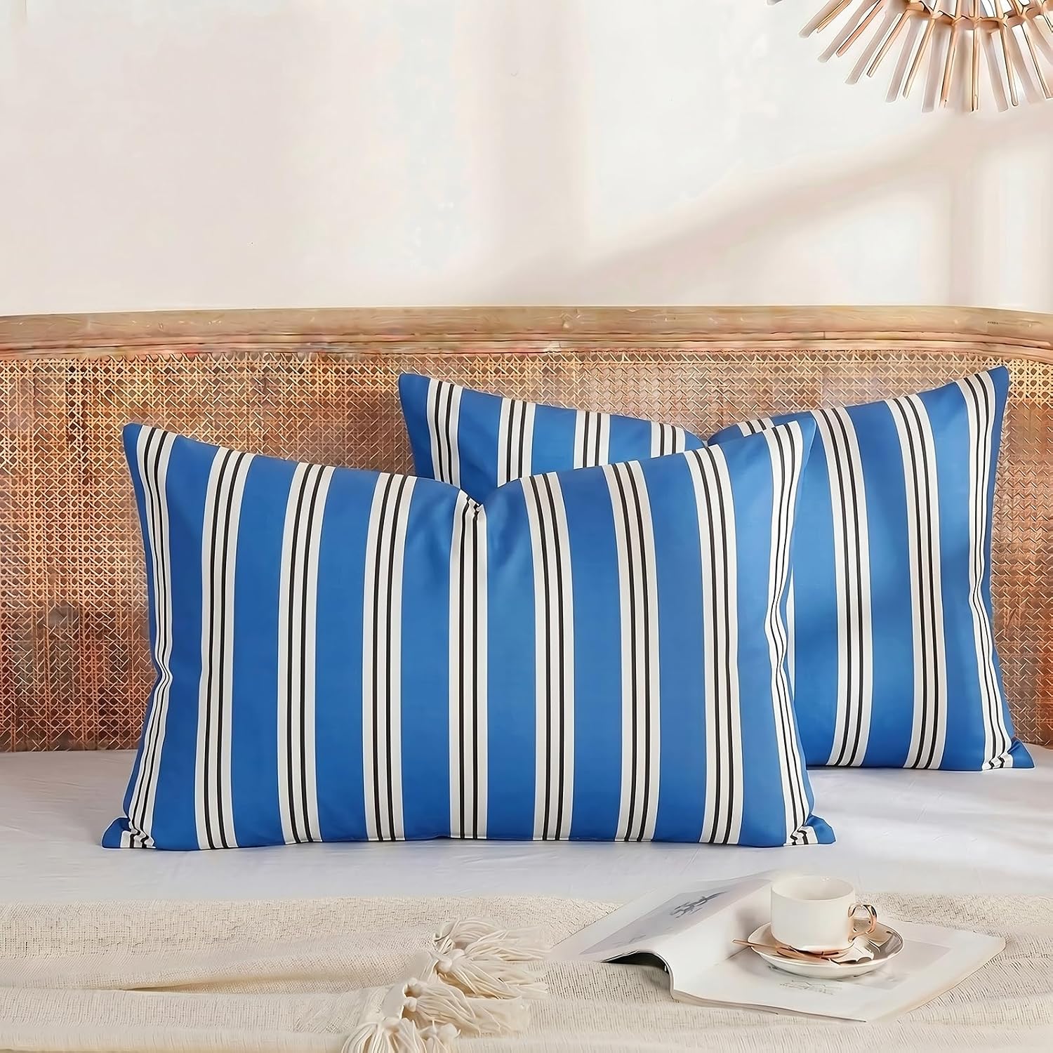 Merryword Queen Size Pillowcases, 100% Cotton Pillow Cases, Blue Striped Pillowcases, Soft Breathable Ribbon Stripe Pillow Covers, Set of 2…