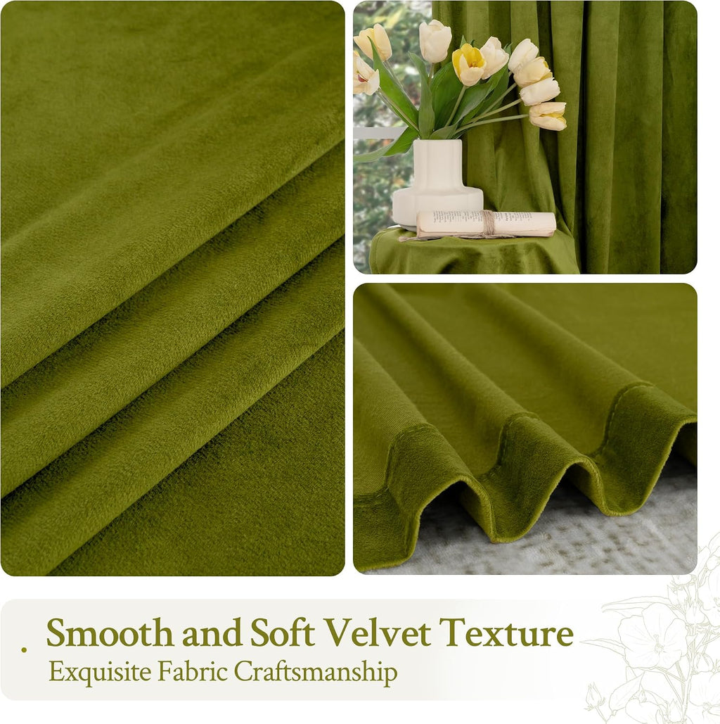 Lamit Moss Green Velvet Curtains for Living Room, 120 Inches Thermal Insulated Room Darkening Panels Super Soft Back Tab and Rod Pocket Win…