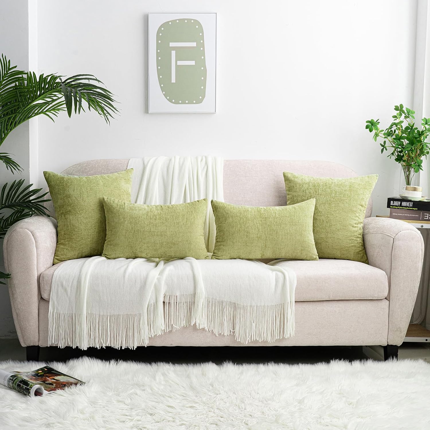 Hwy50 HWY 50 Spring Sage Green Throw Pillow Covers 16x16 Inch Pack of 2, Soft Chenille Decorative Cushion Cases for Couch Sofa Bed Living R…