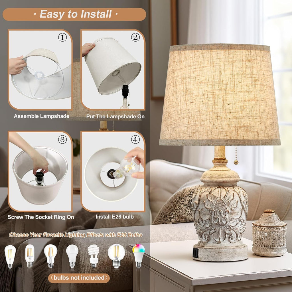 19.5" Vintage Rustic Table Lamp Set of 2 Farmhouse Table Lamps for Living Room Bedroom Decor with USB Ports Traditional Carved Floral…