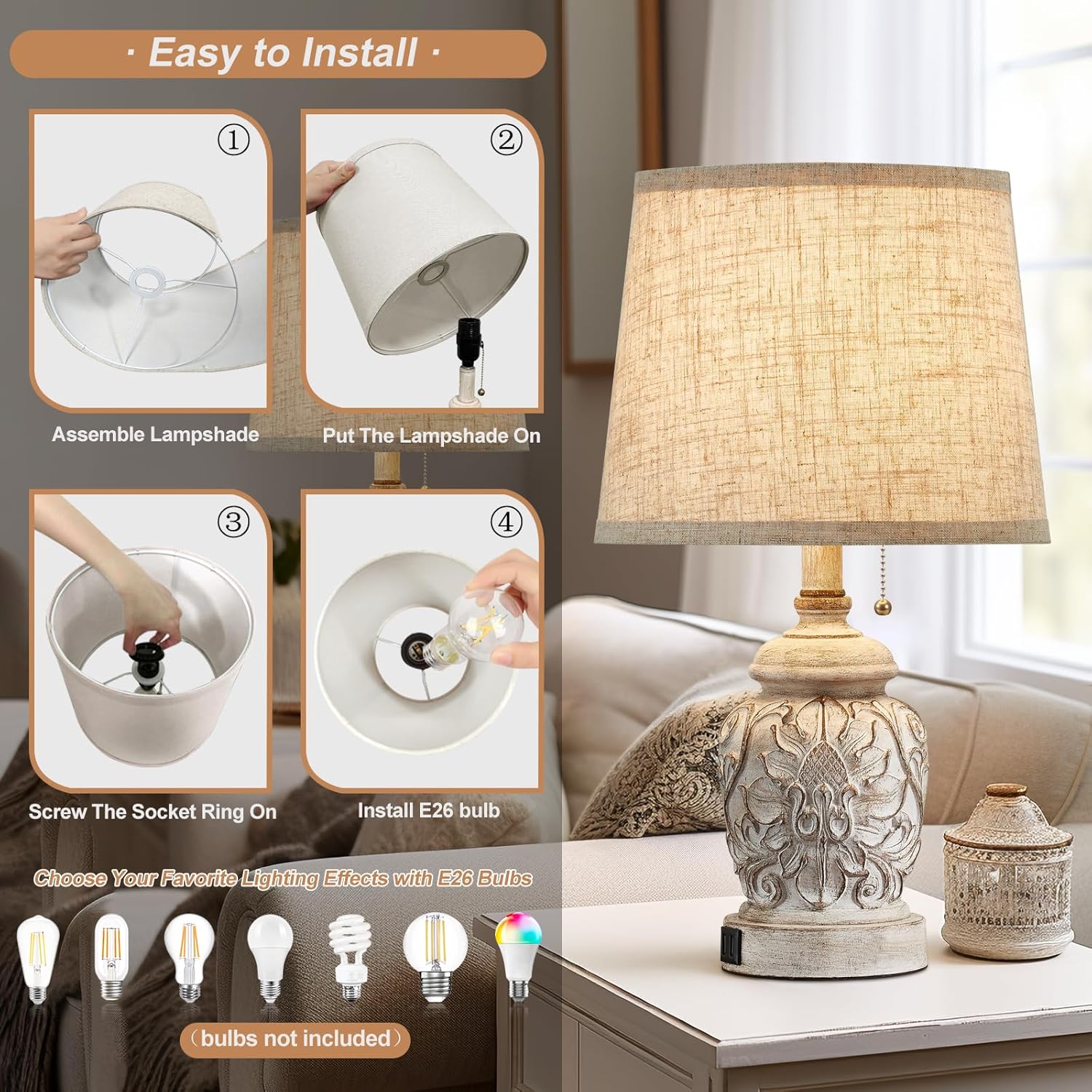 19.5" Vintage Rustic Table Lamp Set of 2 Farmhouse Table Lamps for Living Room Bedroom Decor with USB Ports Traditional Carved Floral…