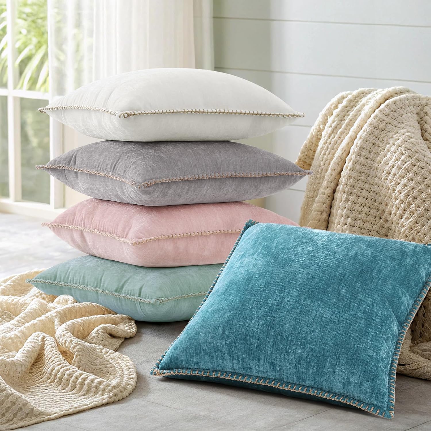 decorUhome Summer Chenille Soft Cozy Throw Pillow Covers 12x20 Set of 2, Modern Farmhouse Boho Velvet Decorative Pillow Cases with Stitched…