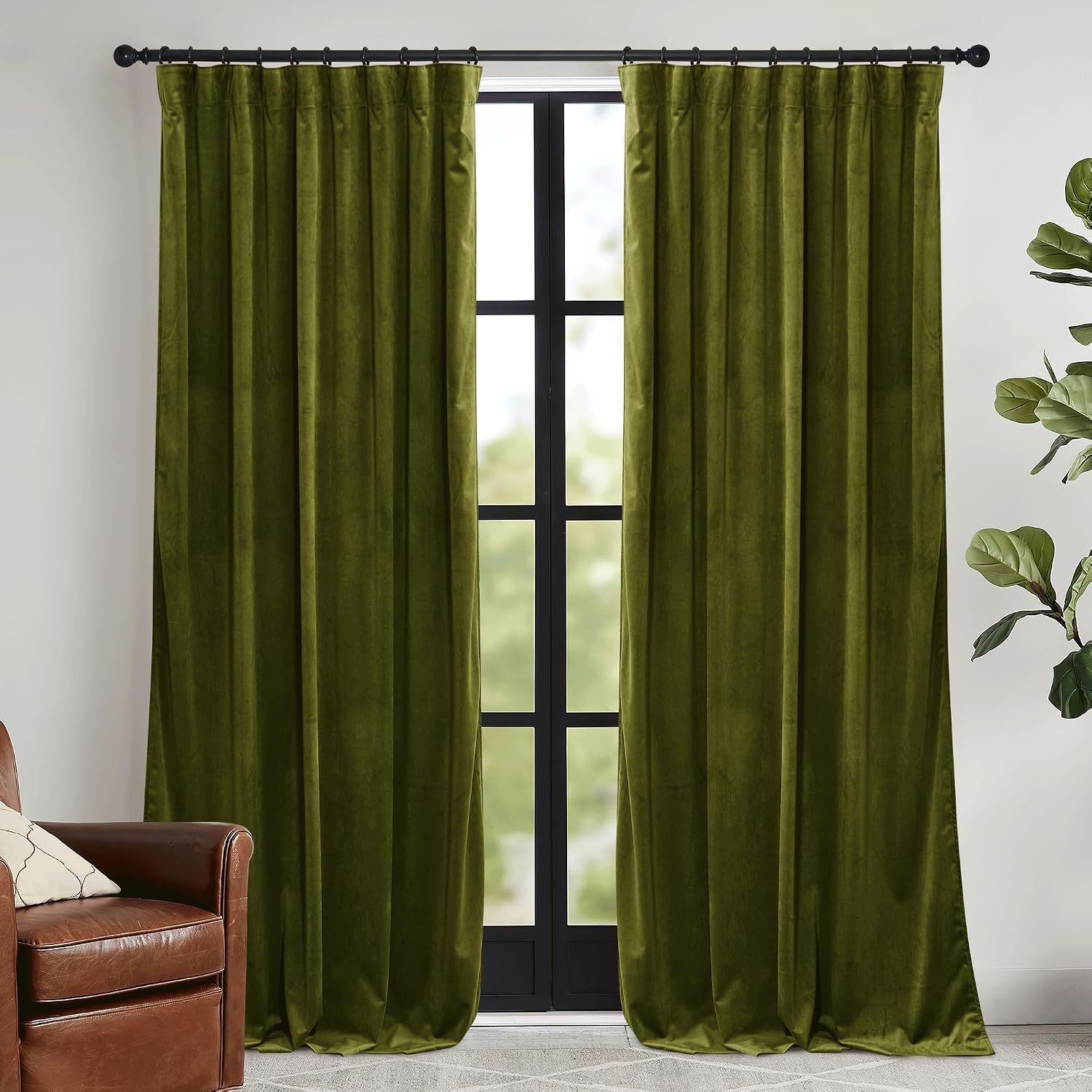 Rybhome RYB HOME Moss Green Velvet Curtains for Bedroom Living Room, Thermal Insulated Privacy UV Heat Blocking Luxurious Drapes for Nurser…