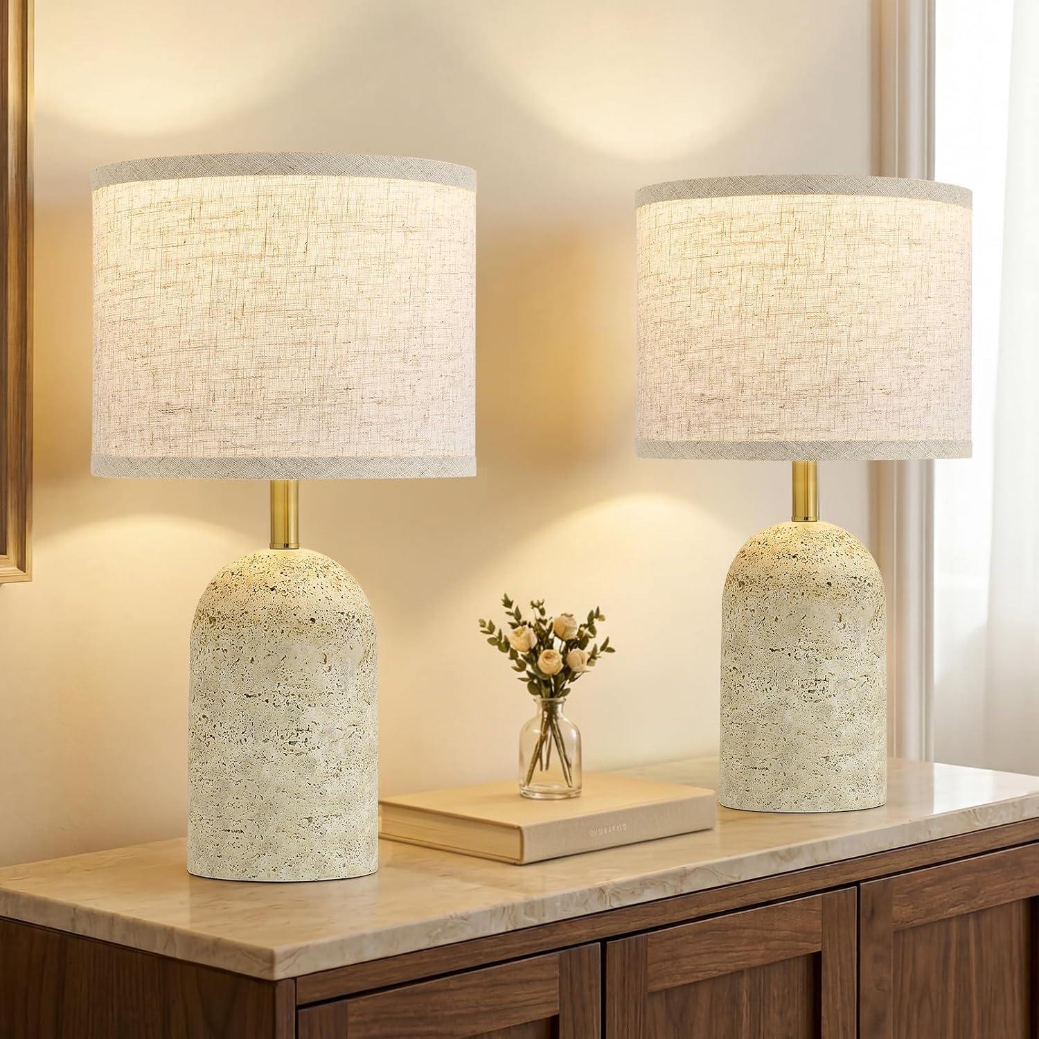 GyroVu Table Lamps Set of 2, Stone-Like Resin Bedside Lamps for Living Room Bedroom, 18" Modern End Table Desk Lamp for Nightstand…