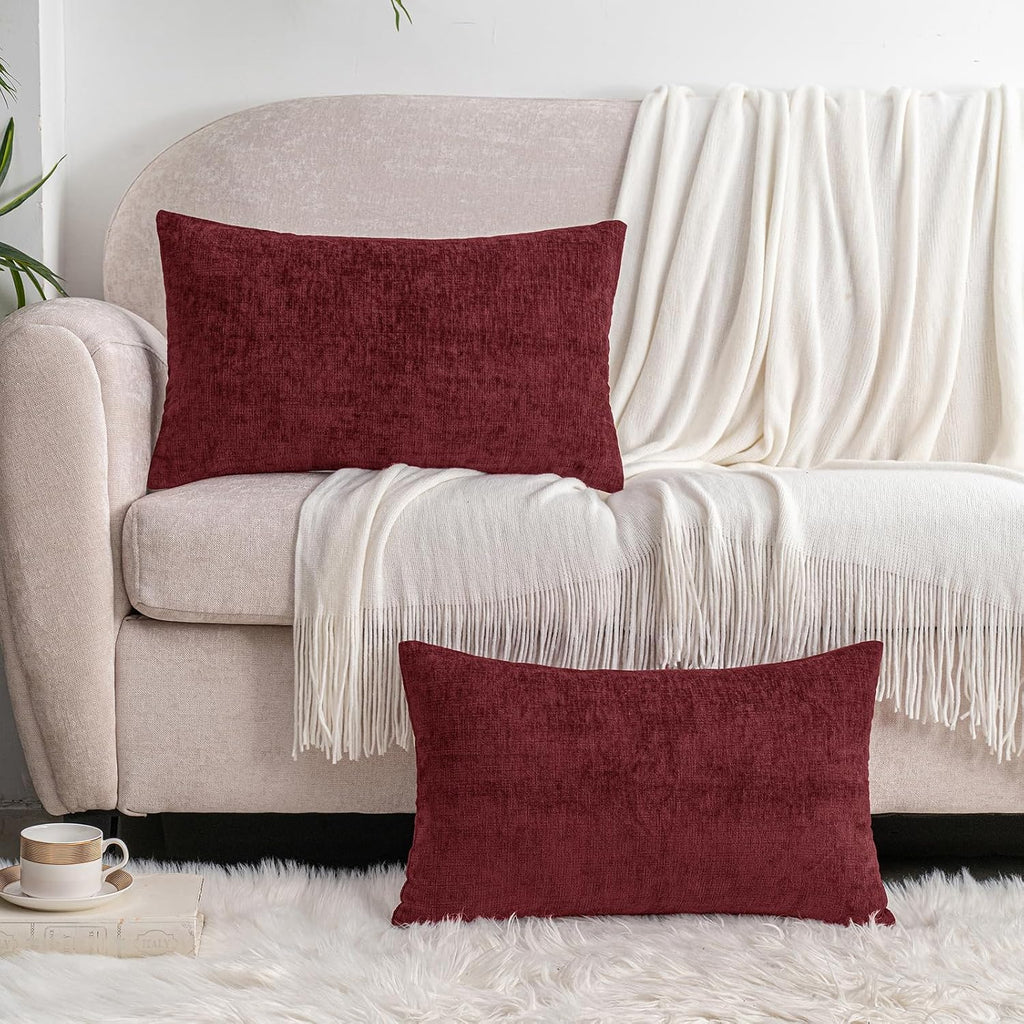 Hwy50 HWY 50 Burgundy Red Lumbar Pillow Covers 12x20 Inch Pack of 2, Soft Chenille Decorative Throw Pillow Covers Farmhouse for Couch Sofa…