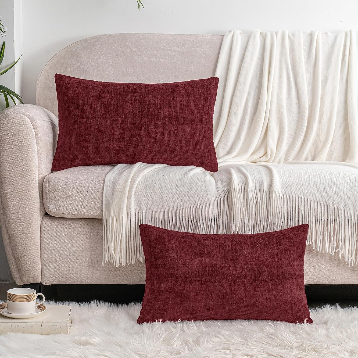 Hwy50 HWY 50 Burgundy Red Lumbar Pillow Covers 12x20 Inch Pack of 2, Soft Chenille Decorative Throw Pillow Covers Farmhouse for Couch Sofa…
