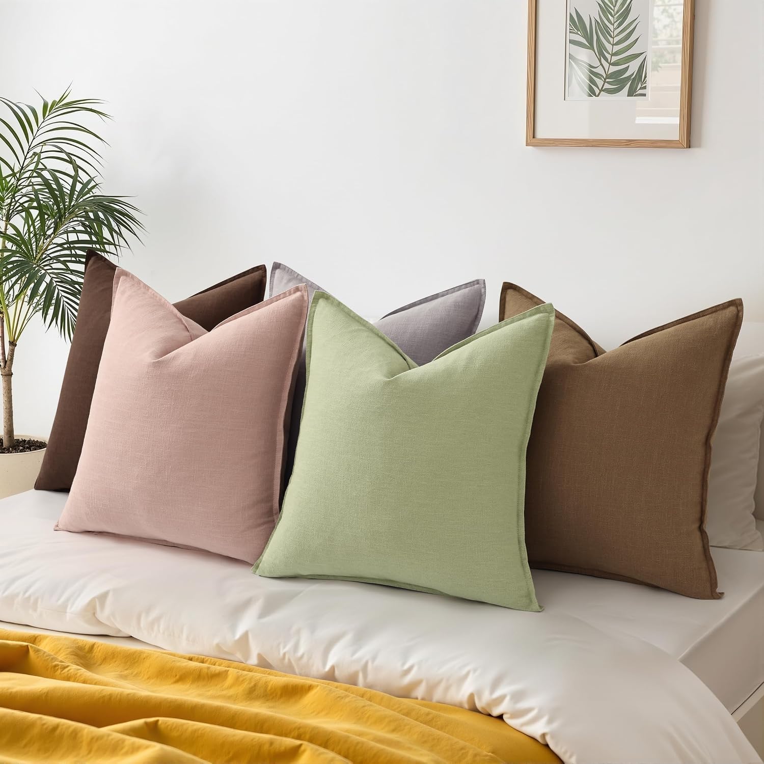 decorUhome Summer Decorative Linen Euro Sham Throw Pillow Covers 26x26 Inch Set of 2 Sage Green Pillow Covers with Flange Edges Soft Farmho…