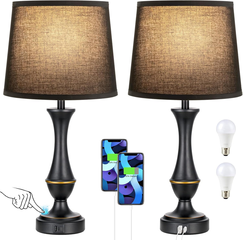 Seealle Upgraded Touch Lamps for Night Stands Set of 2 - Bedside Lamps with USB C+A, 3 Way Dimmable for Bedroom Living Room End Tables…