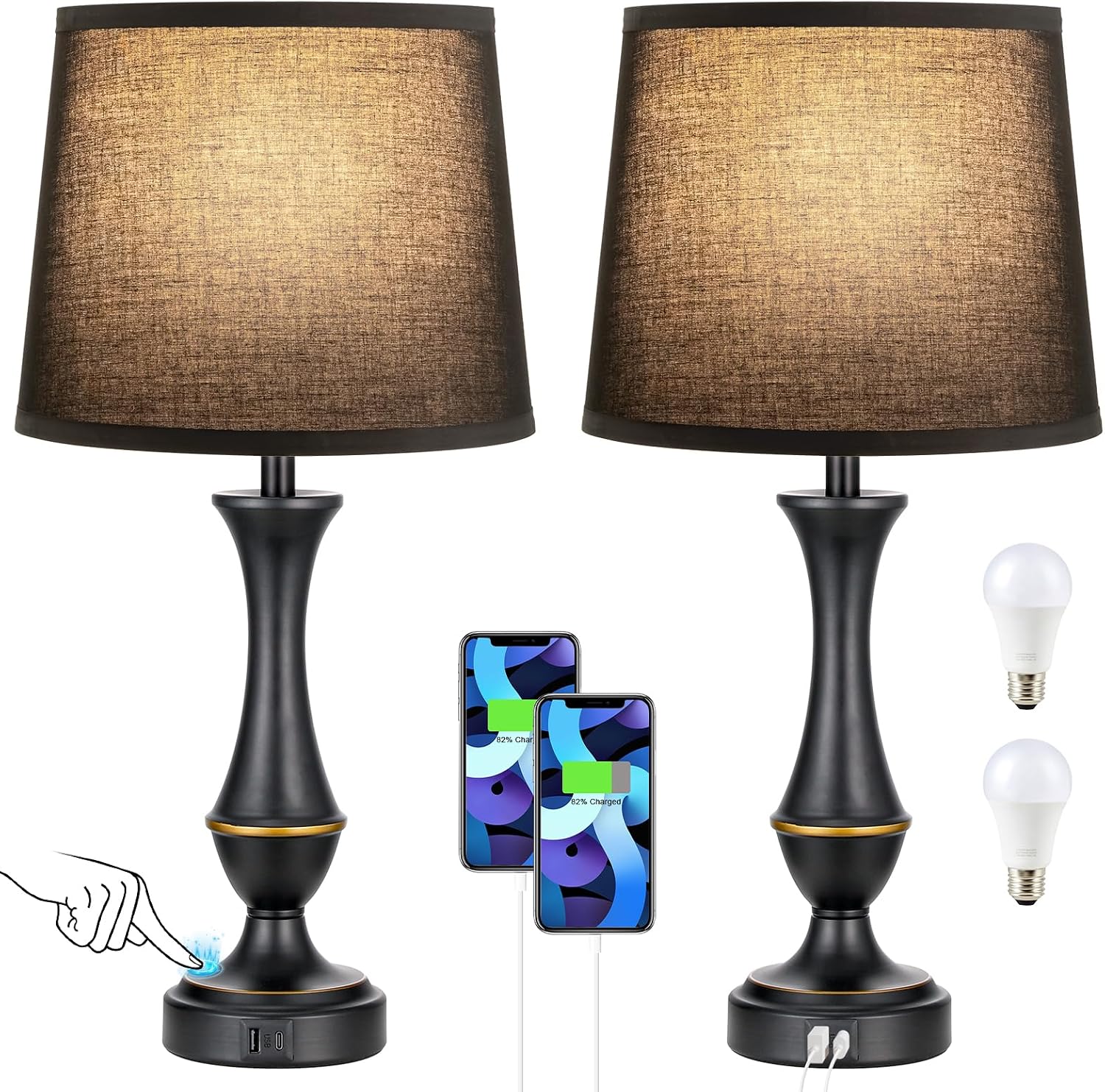 Seealle Upgraded Touch Lamps for Night Stands Set of 2 - Bedside Lamps with USB C+A, 3 Way Dimmable for Bedroom Living Room End Tables…