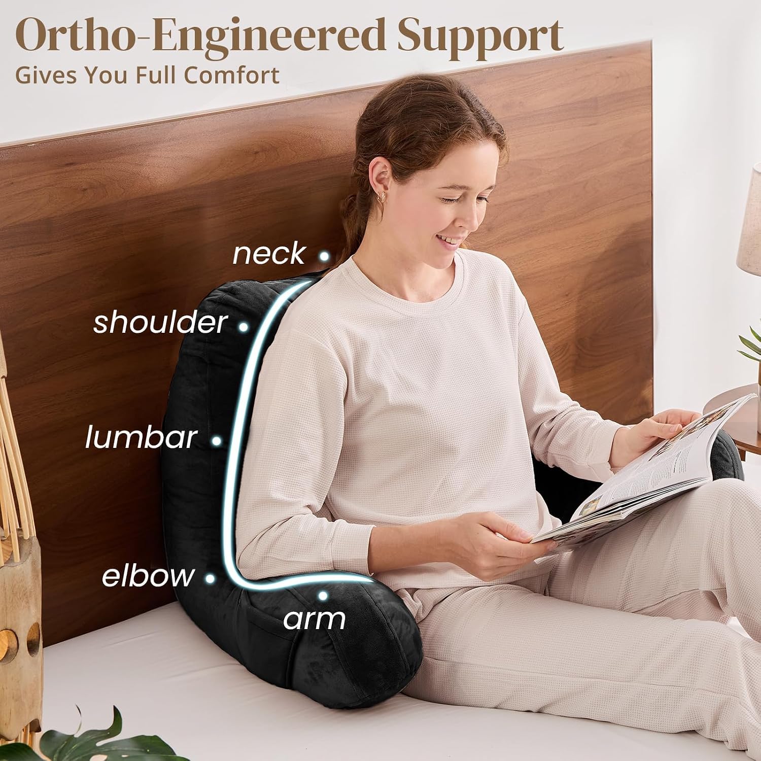 Sasttie Reading Pillow, Pillows for Reading or Relaxing – Ergonomic Support for Head, Neck, Back, and Lumbar, 21-Inch, Black Black