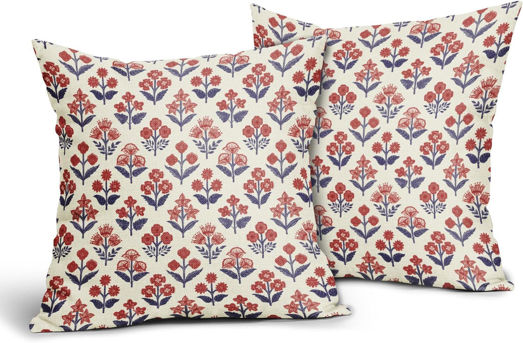 4th of July Patriotic Floral Block Print Pillow Covers 22x22 Inch Set of 2, Navy Blue Red Vintage Flower Decorative Throw Pillowcases…