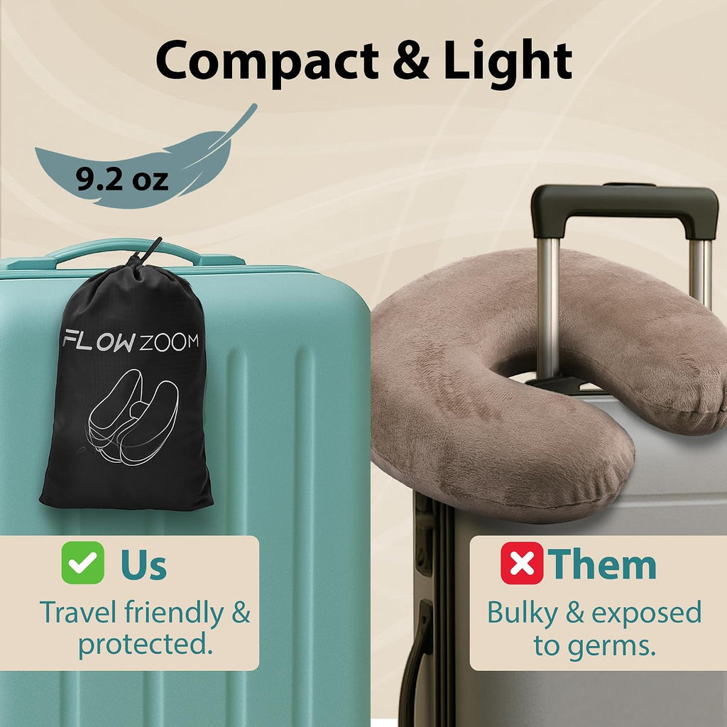 FLOWZOOM Air Inflatable Neck Pillow for Traveling on Plane - H-Shape Hooded Travel Pillow with 5 Snooze Modes, Fast Inflation, Pressure…