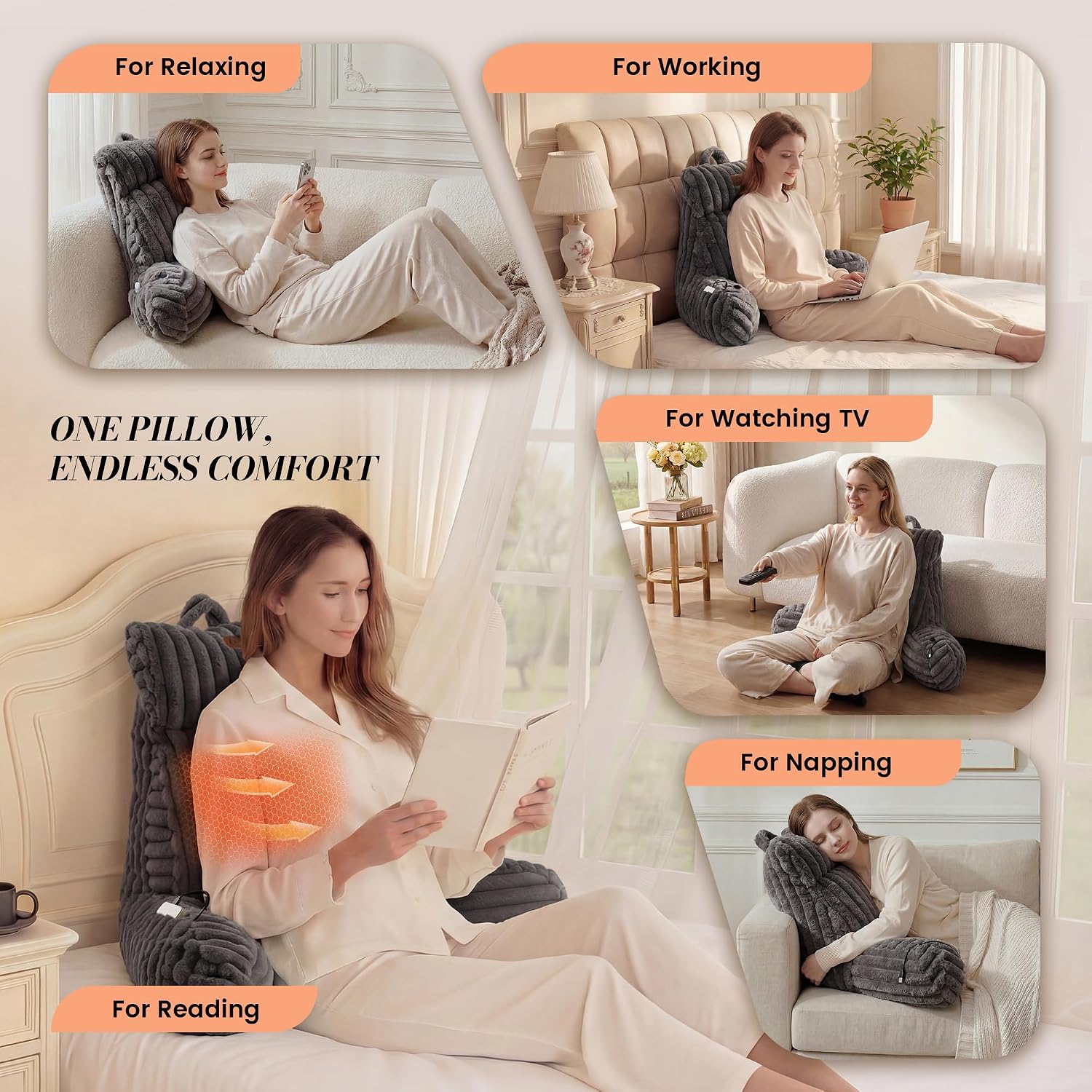 Amélie Home Heated Faux Fur Reading Pillow 3 Temperature Backrest for Sitting in Bed Support Cushion, USB-Powered(No Power Bank Included)…