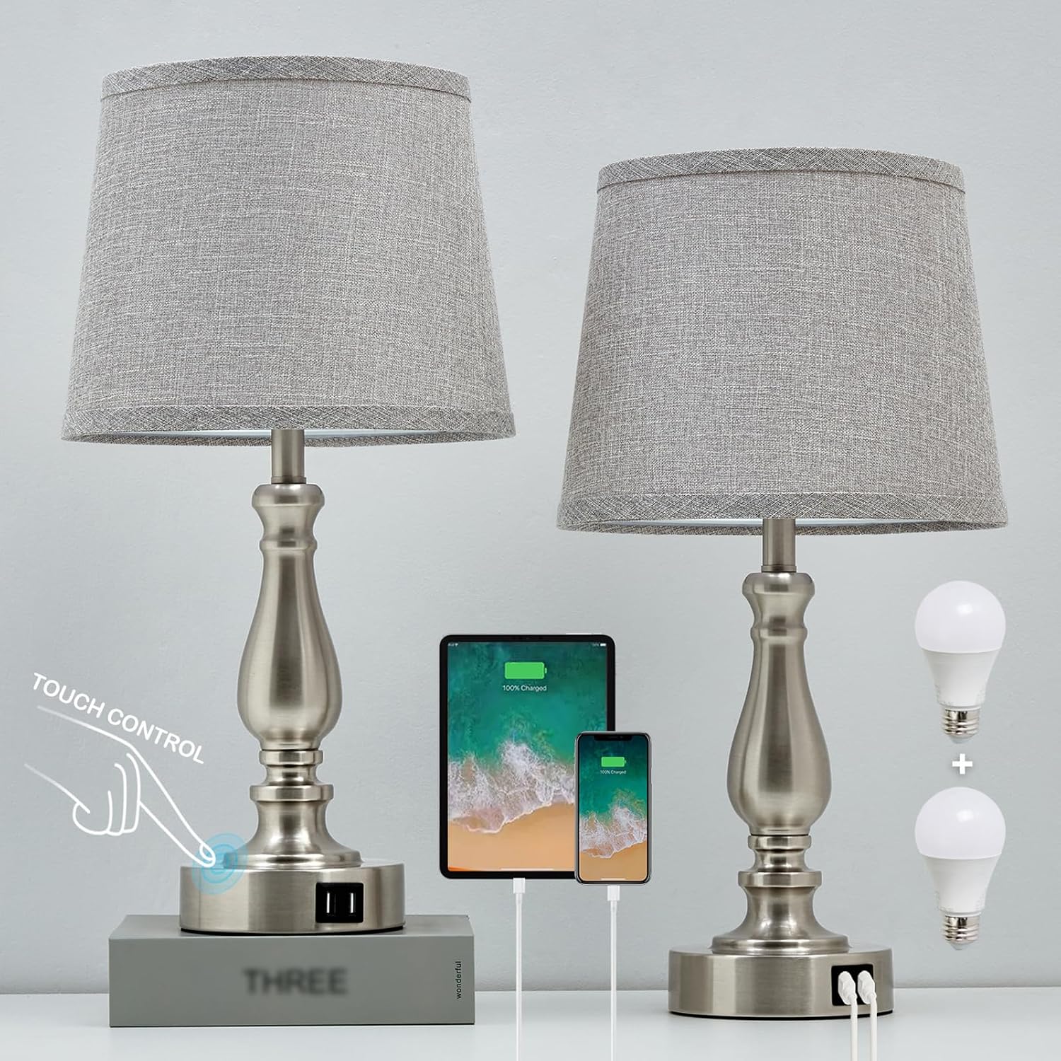 EJIAXIN Table Lamps for Bedroom Set of 2, Dimmable Touch Bedside Lamps with Dual USB A+C Ports - Nightstand Lamp for End Table Modern…