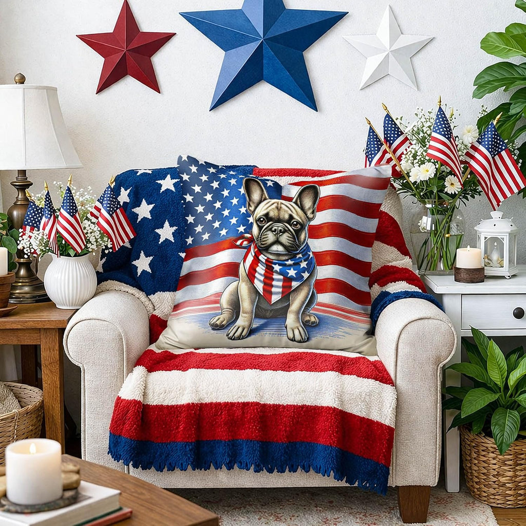 BlissYard Patriotic Dog Throw Pillow Covers 18x18 Set of 2 American Flag Bulldog Pillow Covers 4th of July Independence Day Decorations…