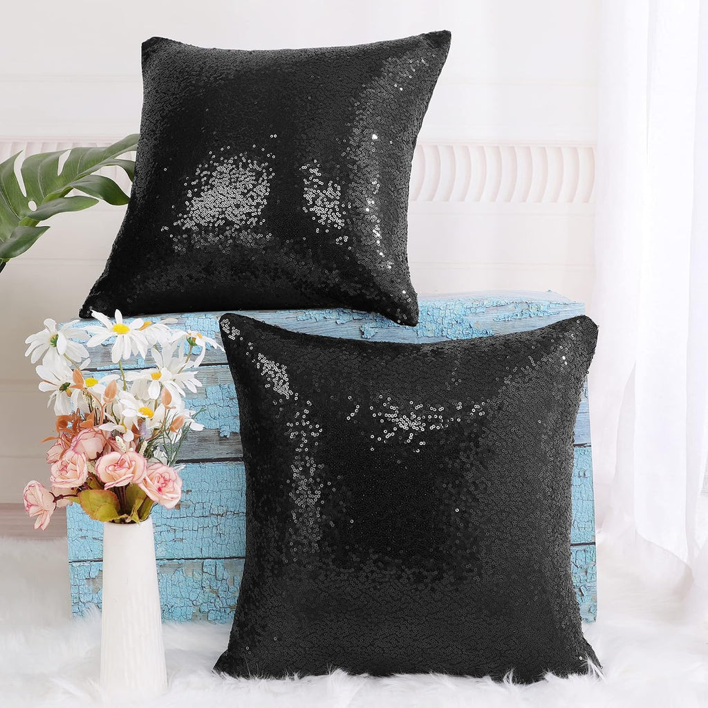 uxcell 2 Pcs Black Sequin Throw Pillow Covers, Shiny Sparkling Comfy Satin Sequin Cushion Covers, Decorative Pillowcases for…